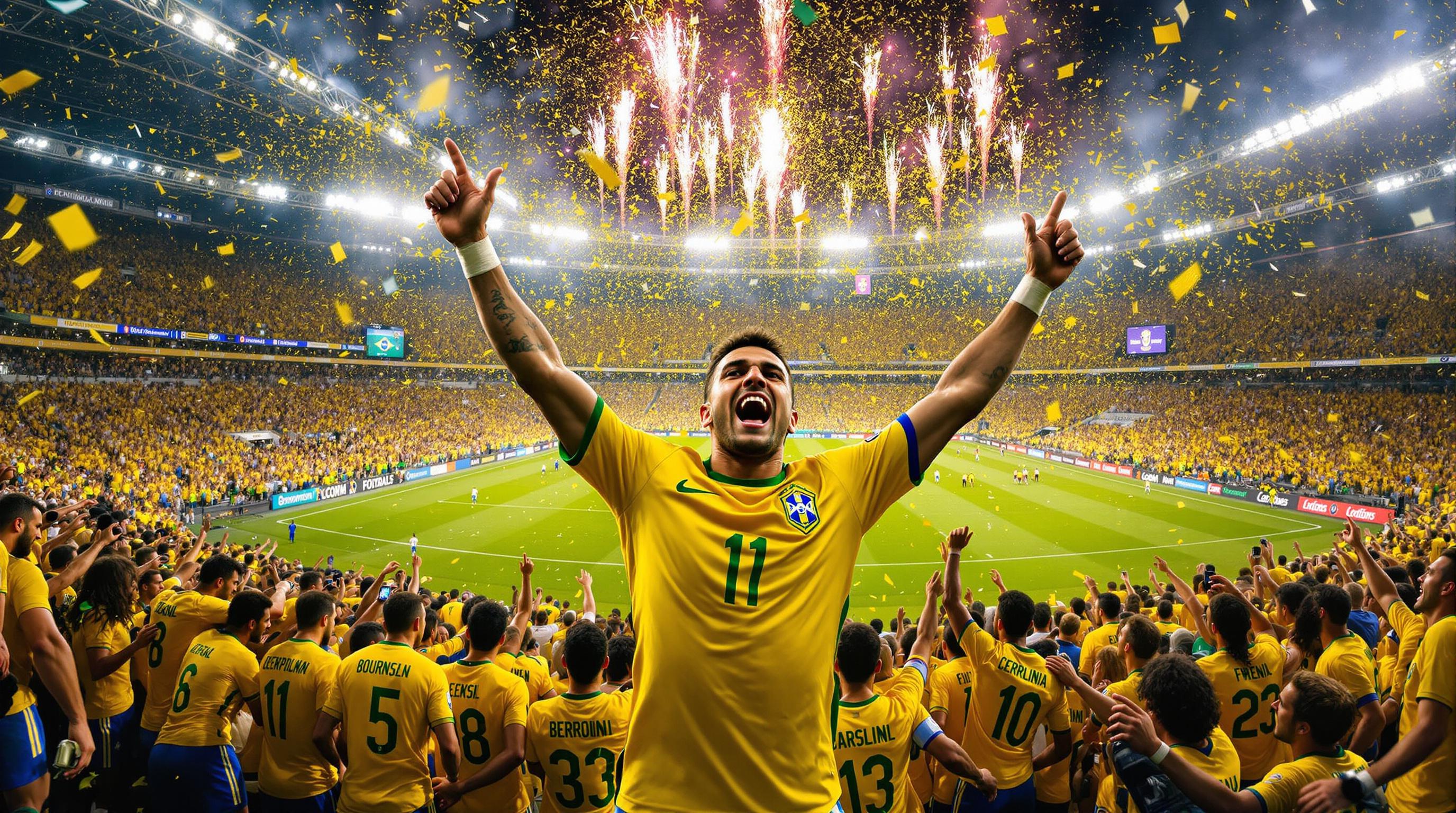 Celebração do futebol brasileiro com torcedores vibrantes representando a paixão nacional pelo esporte
